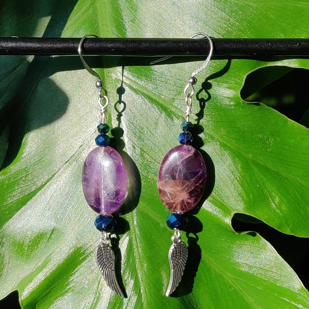 Amethyst Gemstone, Silver Wings, & Sparkly Crystal Handmade Earrings
